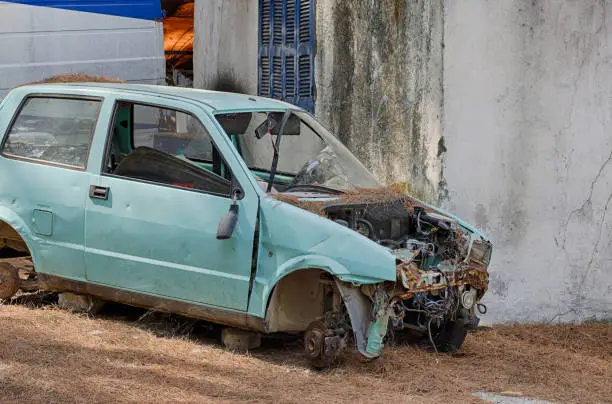 Minicar broken in accident is abandoned on the island Rhodes (Greece)