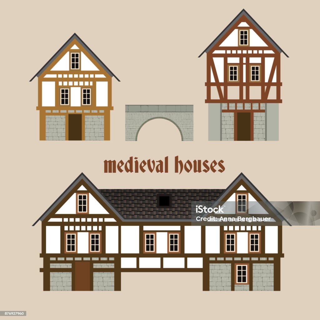 Medieval Town Houses Medieval  ancient town houses. Set of beautiful vector illustrations in modern flat style isolated on a light beige background. Historic collection useful for maps, books and games design. Germany stock vector