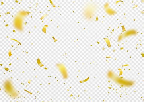 Confetti background. Shiny gold falling pieces of foil paper for party, anniversary, birthday, carnival decoration design. Vector illustration on transparent backdrop