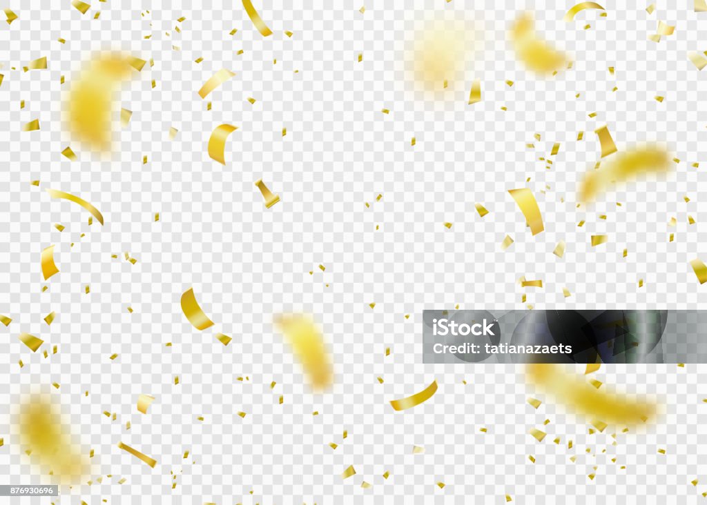 Confetti background. Shiny gold falling pieces of foil paper for party, birthday Confetti background. Shiny gold falling pieces of foil paper for party, anniversary, birthday, carnival decoration design. Vector illustration on transparent backdrop Confetti stock vector