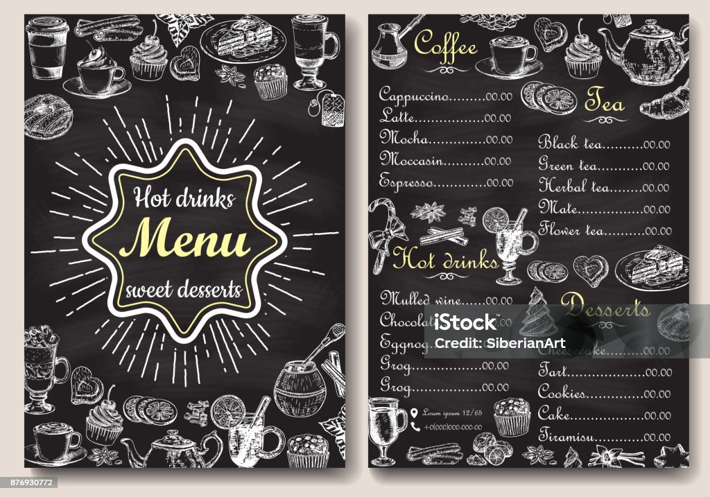 Restaurant hot drinks menu design with chalkboard background. Vector illustration template in vintage style. Hand drawn style. Hot tea, coffee, cacao Restaurant hot drinks menu design with chalkboard background. Vector illustration template in vintage style. Hand drawn style. Menu stock vector