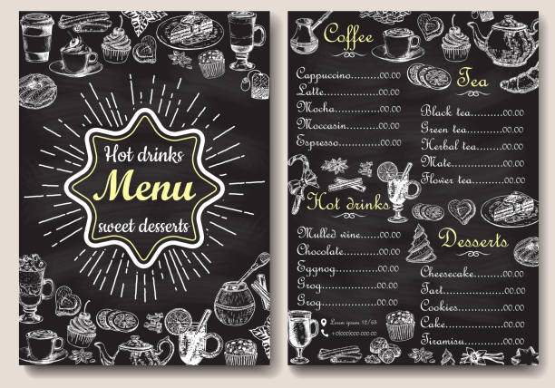 Restaurant hot drinks menu design with chalkboard background. Vector illustration template in vintage style. Hand drawn style. Hot tea, coffee, cacao Restaurant hot drinks menu design with chalkboard background. Vector illustration template in vintage style. Hand drawn style. lunch borders stock illustrations