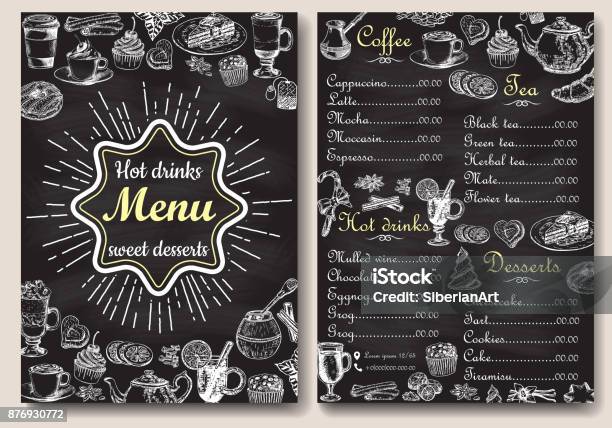 Restaurant Hot Drinks Menu Design With Chalkboard Background Vector Illustration Template In Vintage Style Hand Drawn Style Hot Tea Coffee Cacao Stock Illustration - Download Image Now