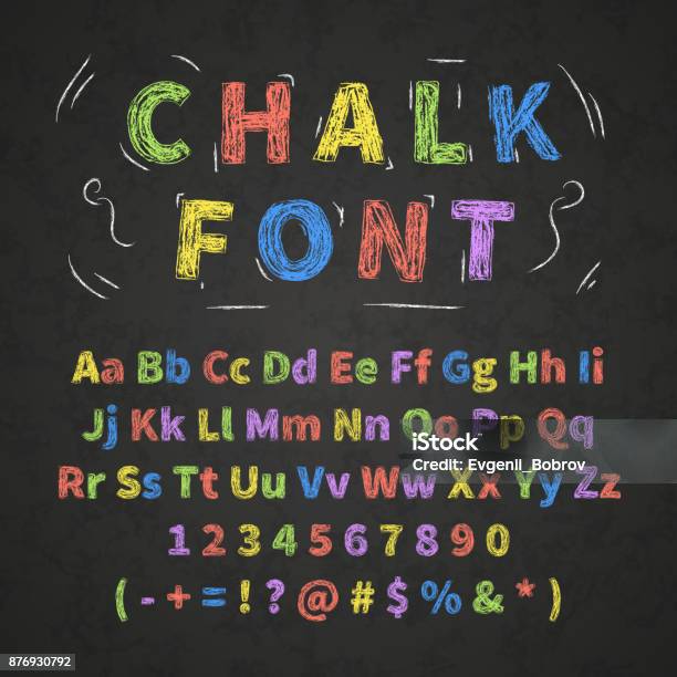 Bright Colorful Retro Hand Drawn Alphabet Letters Drawing With Chalk On Black Chalkboard Stock Illustration - Download Image Now