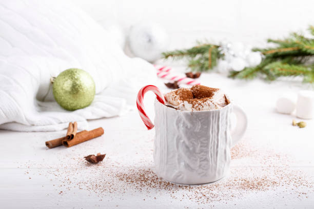 istock Cup of traditional hot chocolate with marshmallows and candy cane on white table. Christmas drink and New Year decorations. Copy space. 876930838