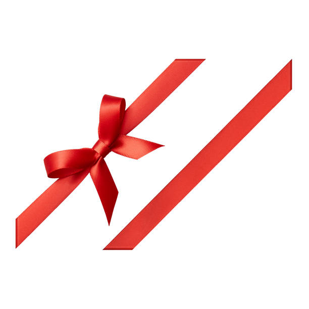red gift ribbon tied in a bow on white background, cut out - close up directly above holiday nobody imagens e fotografias de stock