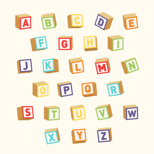illustrations, cliparts, dessins animés et icônes de alphabet. blocs de jouets colorés, polices pour l’éducation des enfants - three dimensional shape alphabetical order alphabet text