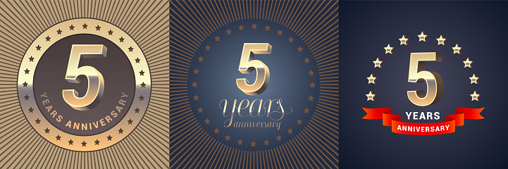 5 years anniversary vector icon set. Graphic design element with golden 3D numbers for 5th anniversary decoration