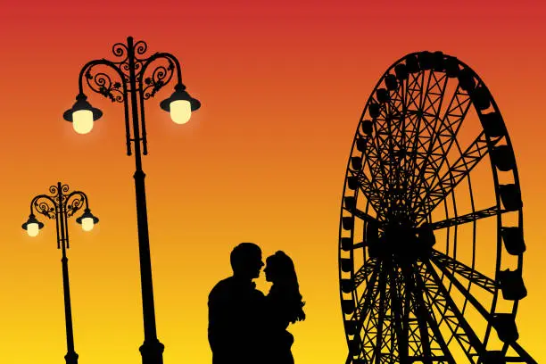 Vector illustration of Lovers in amusement park at sunset