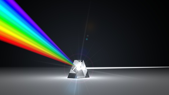 white light ray dispersing to other color light rays via prism. with light beam on ray break point. 3d illustration