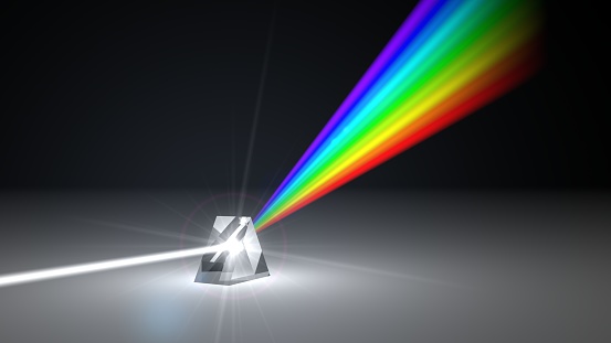 white light ray dispersing to other color light rays via prism. with light beam on ray break point. 3d illustration