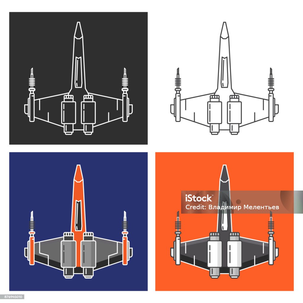 Bataille de vaisseau spatial de combat. L’avion de jet militaire armée future Armez-vous de laser guns.flat linéaire style un vecteur. - clipart vectoriel de Avion de chasse libre de droits