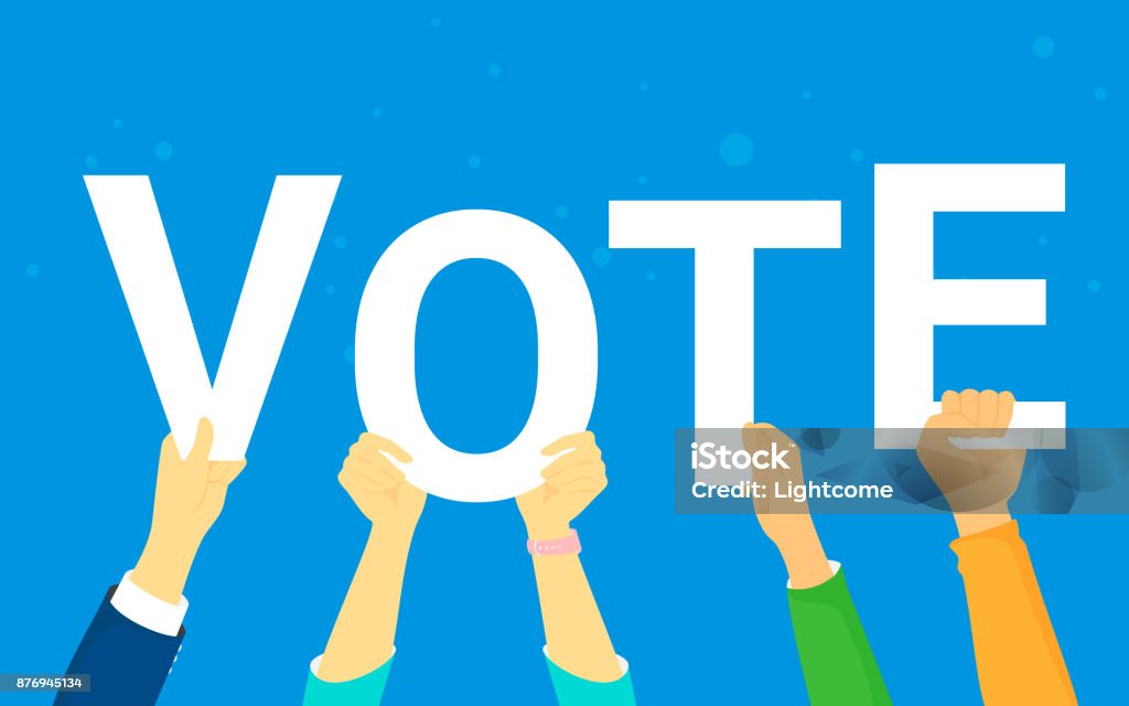 Vote and opinion poll concept vector illustration of young people happy voting Vote and opinion poll concept vector illustration of young people happy voting. Flat human hands hold vote letters on blue background Election stock vector