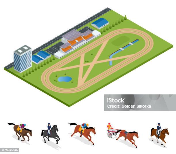 Isometric Exterior Racecourse And Set Jockey On Horse Champion Horse Riding For Sport Background Stallion Race Track Vector Illustration Equestrian Sport Stock Illustration - Download Image Now