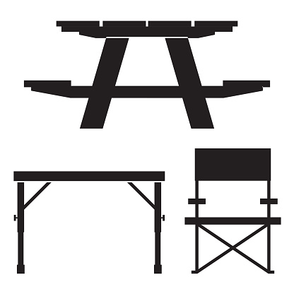 Wooden camping table icon in outline design. Outdoor picnic furniture silhouette illustration.