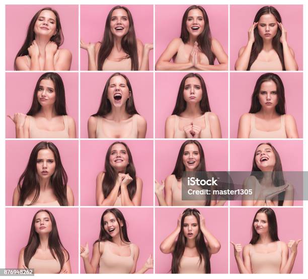 Set Of Young Womans Portraits With Different Emotions Stock Photo - Download Image Now