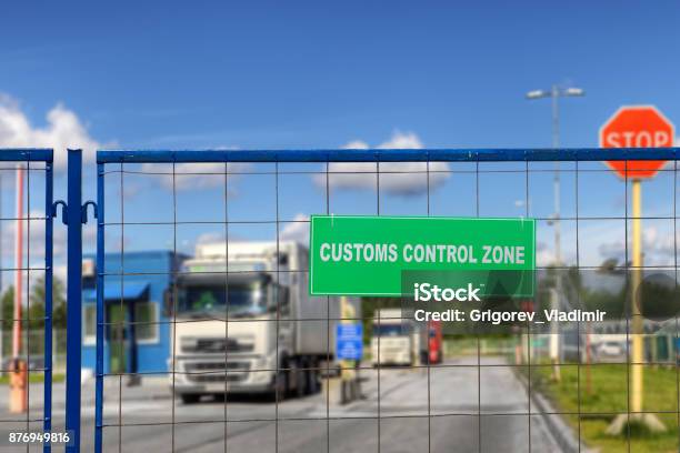 Lorries Pass Through Checkpoint Of Logistics Complex With Customs Services Stock Photo - Download Image Now