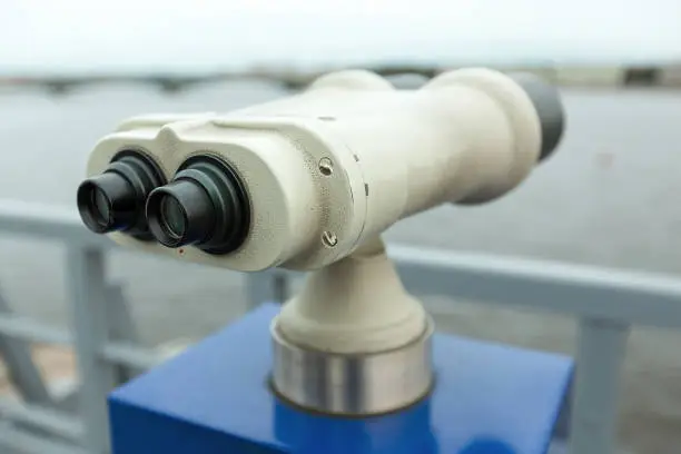 tourist binoculars at Peter-Pavel Fortress. with a view of St. Petersburg