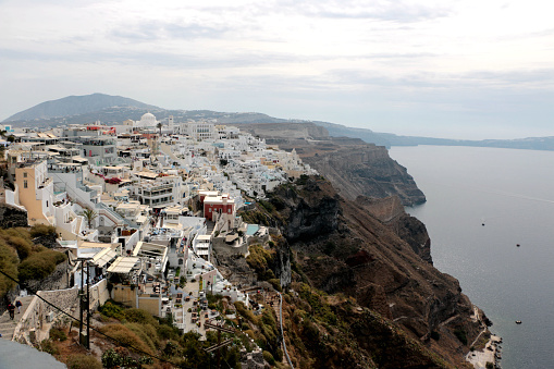Panoramic view of the town of Fira, Santorini Greece.