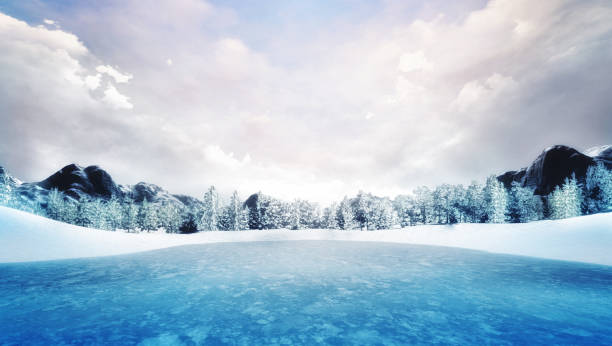3d render platform background and empty round stage, Ice podium on the frozen lake with ice snow mountain in winter for product stand display, advertising cosmetic, products, skincare or etc