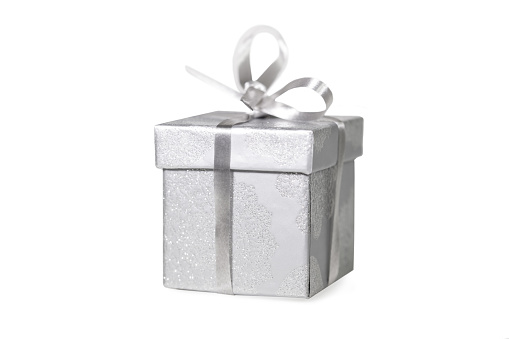 single silver coloured gift, isolated on white background