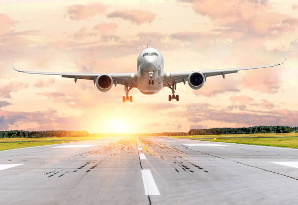 istock Passenger airplane landing at sunset on a runway. 876956900