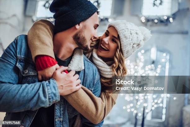 Young Romantic Couple Is Having Fun Outdoors In Winter Stock Photo - Download Image Now