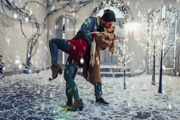 portrait of happy couple at winter resort