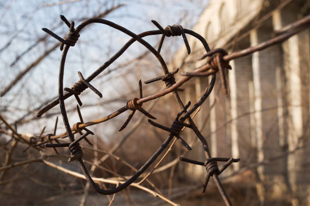 Heart made of barbed wire on a building background. Concept: Love behind barbed wire. Love with the prisoner. Love and obstacle. Love and pain.