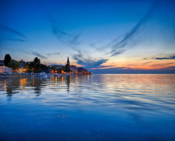 Coastal town of Rovinj, Istria, Croatia in sunset. Rovin beauty antiq city stock photo