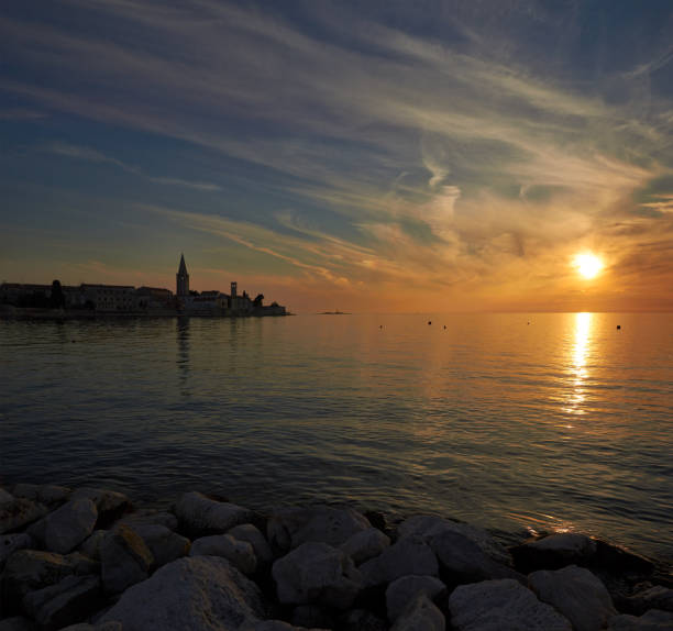Coastal town of Rovinj, Istria, Croatia in sunset. Rovin beauty antiq city stock photo