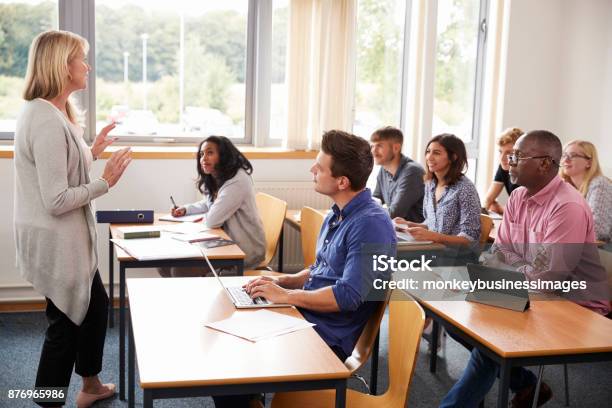 Classe Di Insegnamento Tutor Femminile Di Studenti Maturi - Fotografie stock e altre immagini di Aula