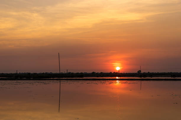 orange color sunset sky evening at salt pan background
