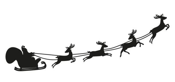 stockillustraties, clipart, cartoons en iconen met kerstman met herten te vliegen. silhouet - pakjesavond