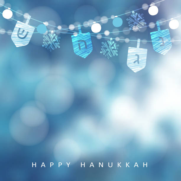 Hanukkah blue greeting card, invitation with string of lights, dreidels and snowflakes. Party decoration. Modern festive blurred vector illustration background for Jewish Festival of light holiday Hanukkah blue greeting card, invitation with string of lights, dreidels and snowflakes, party decoration. Modern festive blurred vector illustration background for Jewish Festival of light holiday. hannukkah stock illustrations