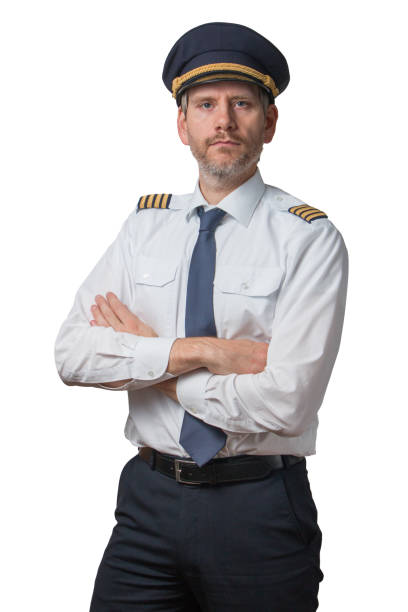 istock Pilot in Captain's Uniform with 4 golden stripes and cap crosses arms 876970530