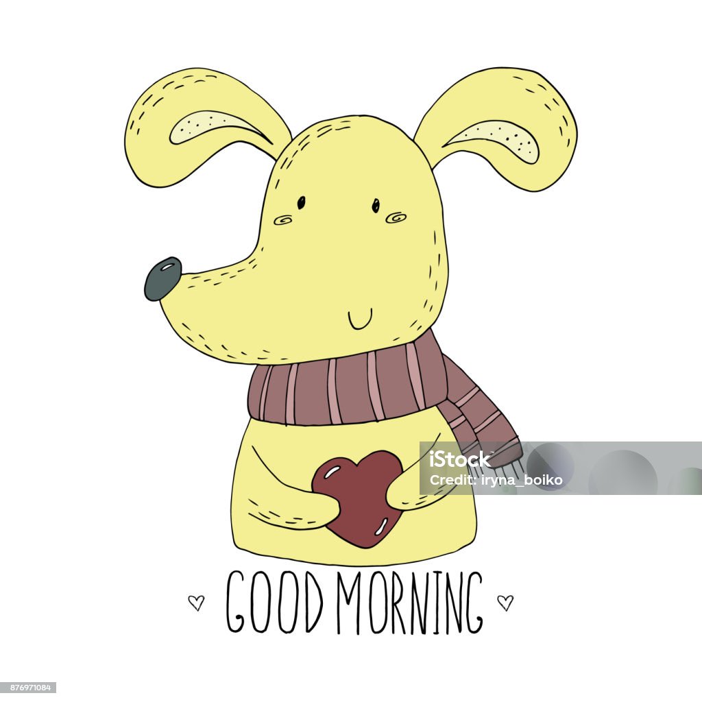 Good Morning Card Hand Drawn Cute Cartoon Dog Vector Illustration ...