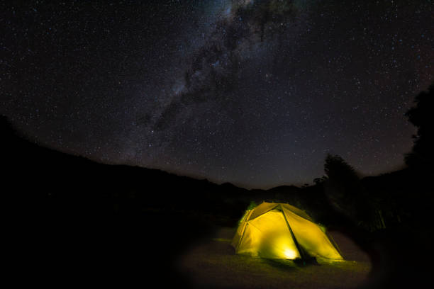 istock Camping tent at night with milky way in a clear night sky 876971276