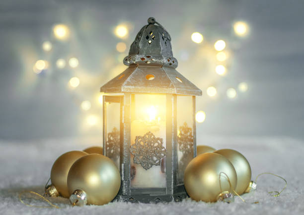 istock Christmas background with lantern and balls. 876971424