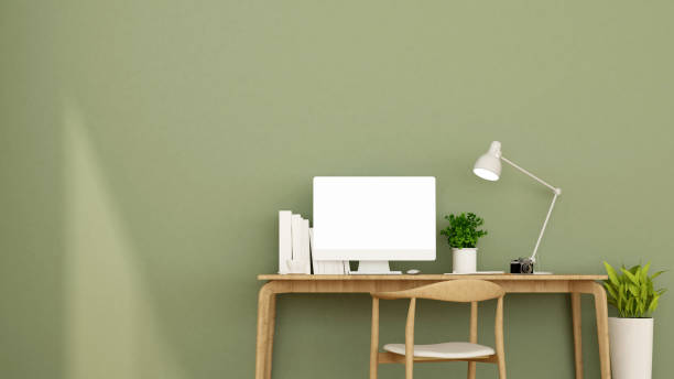 istock workplace and green wall in apartment or home - Interior design for artwork - 3D Rendering 876974352