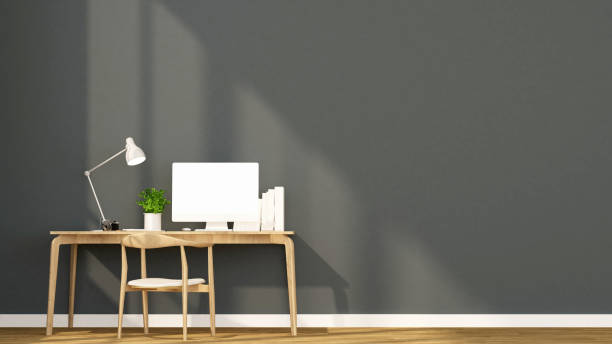 istock workpLace and dark gray wall in home or apartment - Interior design for artwork - 3D Rendering 876974372