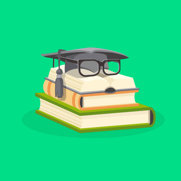 Study and education flat design concept. Vector illustration. Study books stacked and on them a graduation cap and student glasses. book dedication stock illustrations