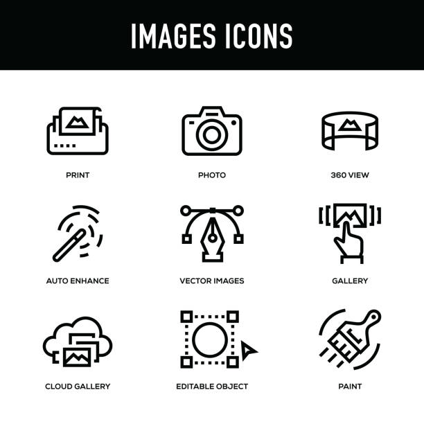 ilustraciones, imágenes clip art, dibujos animados e iconos de stock de conjunto de iconos de imágenes - línea gruesa serie - designer element fotos