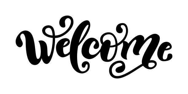 Welcome. Hand Lettering word. Handwritten modern brush typography sign. Black and white. Vector illustration Welcome. Hand Lettering word. Handwritten modern brush typography sign. Greetings for icon, logo, badge, cards, poster, banner, tag. Celebration. Black and white. Vector illustration drawing of the hotel reception stock illustrations