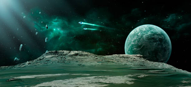 космическая сцена. зеленая туманность с планетой, космическими кораблями и метеоритами. https://www.nasa.gov/sites/default/files/thumbnails/image/pia11242_excerpt_sol1647_ml_mcam085 - 11242 стоковые фото и изображения