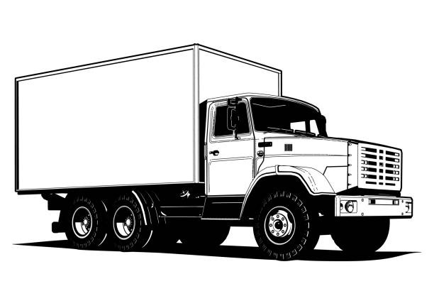 векторный шаблон контура грузовика, изолированный на белом - vehicle trailer trucking white outline stock illustrations