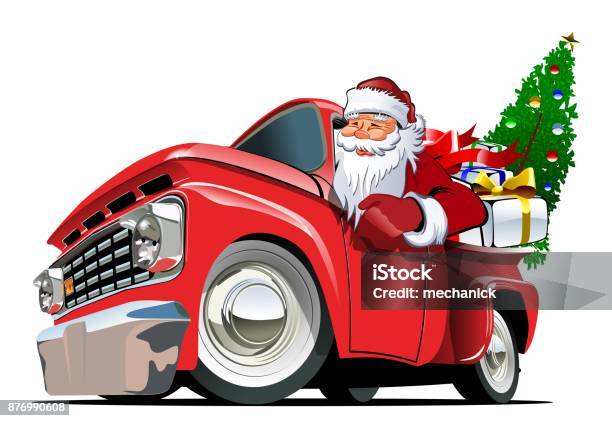 Cartoon Retro Christmas Pickup Stock Illustration - Download Image Now - Santa Claus, Car, Driving