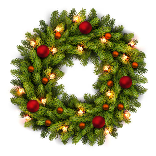 istock Christmas greeting card and background. Christmas wreath with bulbs and red, orange balls. Vector Vector illustration. 876991250