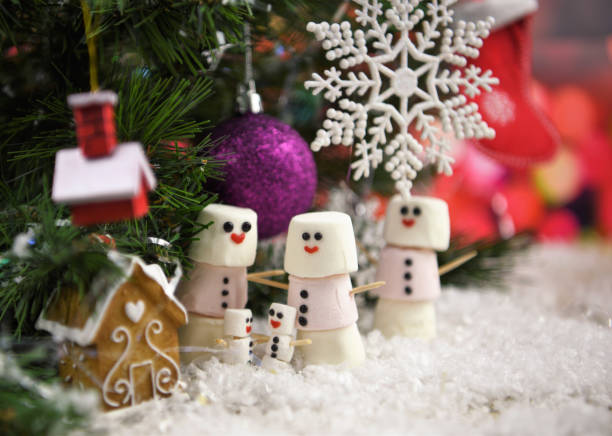 Christmas photography picture of tree with decorations including snowflake house and purple bauble with marshmallows shaped as snowman and icing for smile all sprinkled with snow
