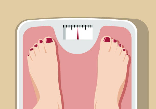 ilustrações de stock, clip art, desenhos animados e ícones de feet on bathroom scale - weight scale dieting weight loss